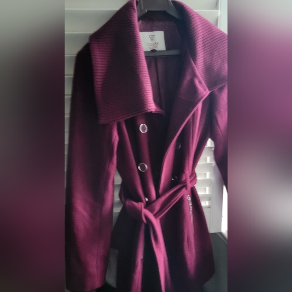 GUESS Double Breasted Wool Blend Peacoat Burgundy / Maroon - Picture 10 of 10